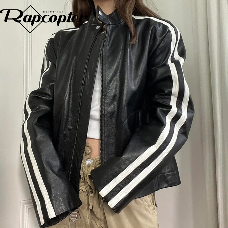 

Rapcopter y2k Striped Jackets PU Leather Zipper Black Punk Fashion Coat Gothic Streetwear Vintage Autumn Winter Harajuku Outwear