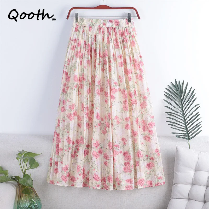 

Qooth Spring Summer Mid-length Chiffon Floral Pleated Skirt Women Elegant High Waist long Skirt QT1842
