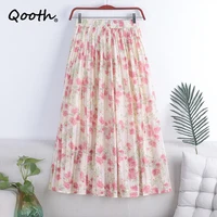 qooth spring summer mid length chiffon floral pleated skirt women elegant high waist long skirt qt1842