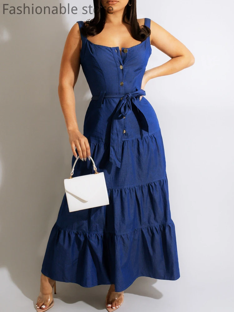 

Women Solid Color Square Collar Buttoned Detail Sleeveless A-Line Dress With Belt