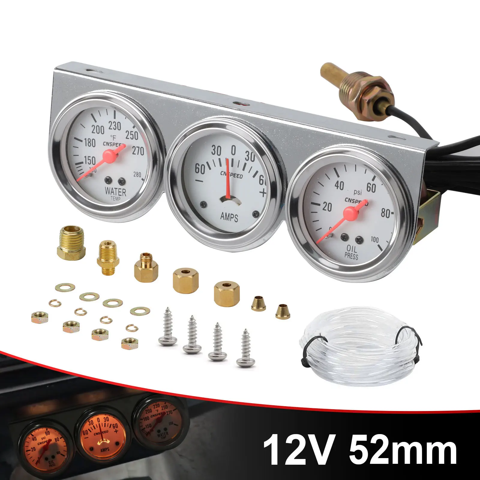 

CNSPEED 2inch Chrome Panel Oil Pressure gauge Water Temp gauge Amp Meter Triple Gauge kit Set White Face Car meter