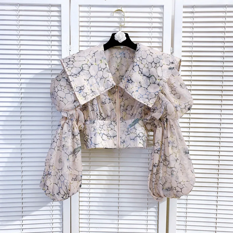 

Женская винтажная блузка на молнии, короткая приталенная рубашка с большими лацканами и рукавами-фонариками, осень 2023