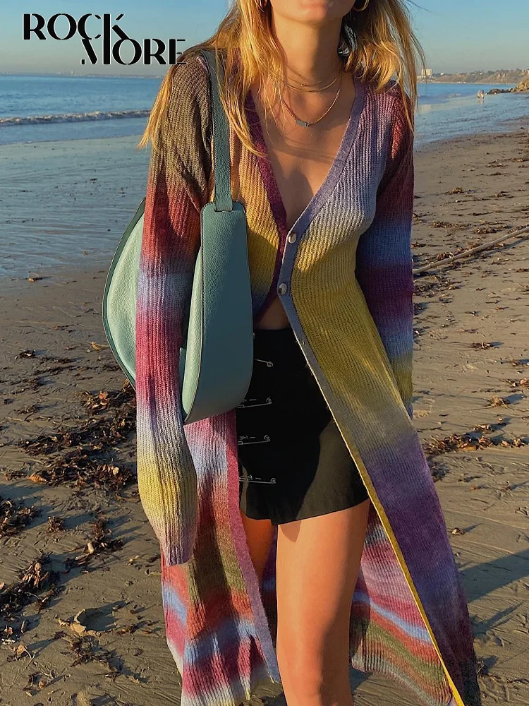

Rockmore Rainbow Gradient Long Knitwear Autumn 2022 Tie Dye Knitted V-neck Single Breasted Cardigans Women Y2K Vintage Overwear