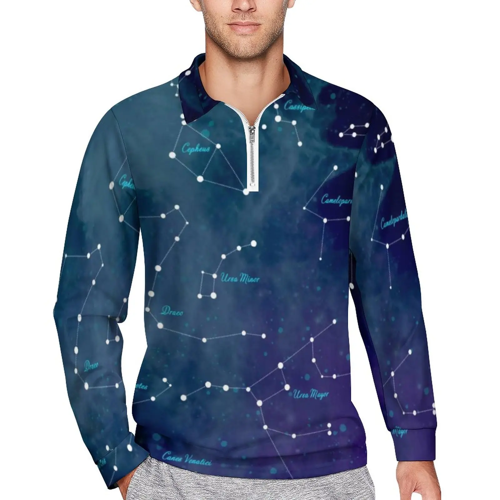 

Sky Map Print Casual Polo Shirts Astronomy Lovers T-Shirts Long Sleeve Graphic Shirt Spring Vintage Oversized Men Clothes Gift