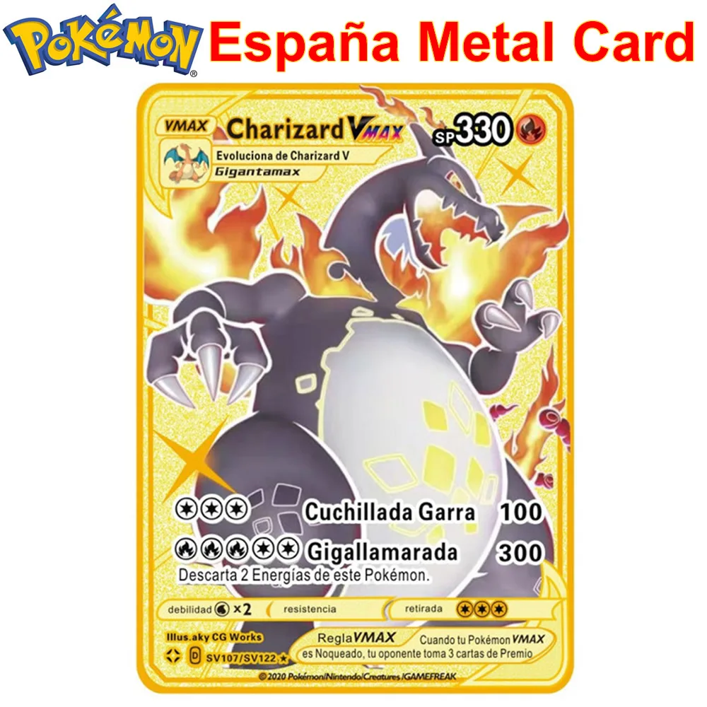 

Spanish Pokemon Metal Cards V VMAX España Pokémon Letters Charizard GX Pikachu Collection Gold Iron Card SP Game Kids Gift Toy