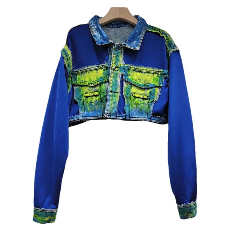 Осенняя модная джинсовая куртка с карманами в стиле пэчворк женская ковбойская