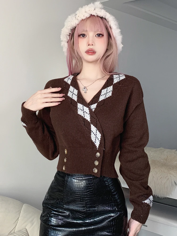 

Rockmore Brown Vintage V-neck Buttons Sweater Coat Autumn Knit Cropped Cardigans Y2K Grunge Fairycore Women Long Sleeve Knitwear