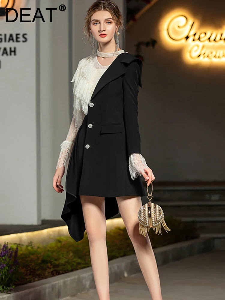 

DEAT Women's Fashion Lace Embroidery Tassel Shirt Diagonal Collar One Shoulder Sleeve Waist Coat Suit Autumn 2023 New 13DB3043