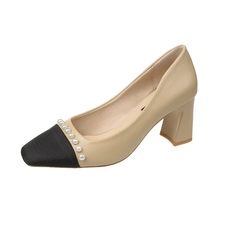 

2022 Spring New Shoe Women Pearl Square Toe Color Light Mouth Fashion Women Shoes with High Heels Women's Professional Shoes