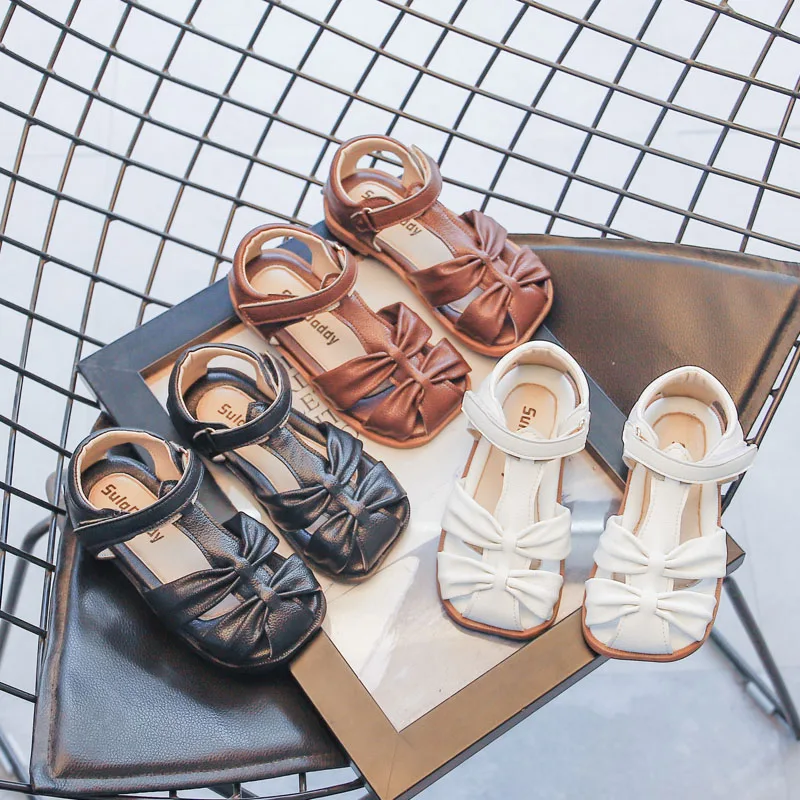 

Baby Girls Sandals Summer Kids Bowtie Gladiator PU Leather Flat Sandals 2022 New Chic Soft Sole Hook&Loop Breathable Shoes 1-7 Y