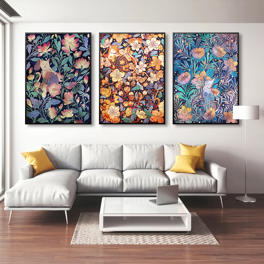 

Минималистичное Тропическое искусство растения листья кошка стена аниме плакат картина для гостиной домашний декор Эстетическая Современ...