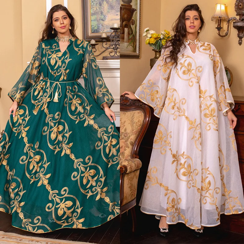 Muslim Fashion 2023 Summer Women V-neck Long Sleeve White Green Embroidered Mesh Long Abaya Muslim Dresses  Abaya Dubai