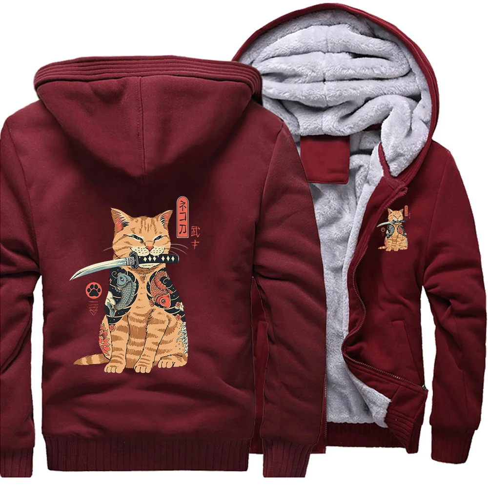 

Japanese Style Cat Anime Samurai Sword Loose oodies Winter Warm Street Jackets Coat Men Tick oodie Printed Fitted Sweatsirt