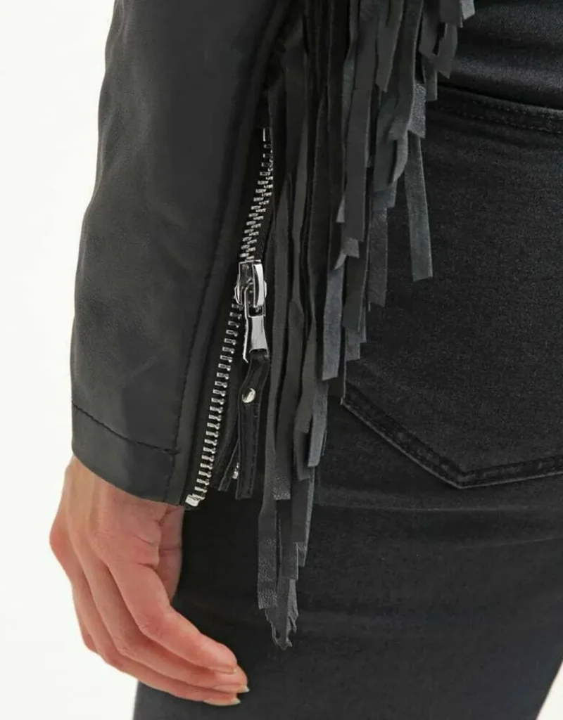 Women Black Leather Fringed Jacket Black Leather Tassel Coat Motorcycle Leather Outwear