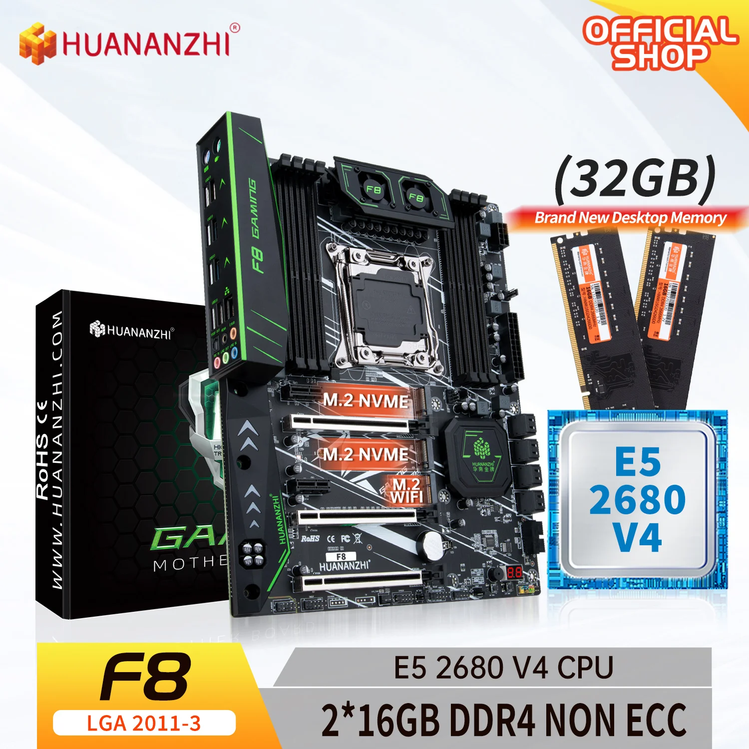 

HUANANZHI X99 F8 LGA 2011-3 XEON X99 Motherboard with Intel E5 2680 V4 with 2*16G DDR4 NON-ECC memory combo kit set NVME SATA