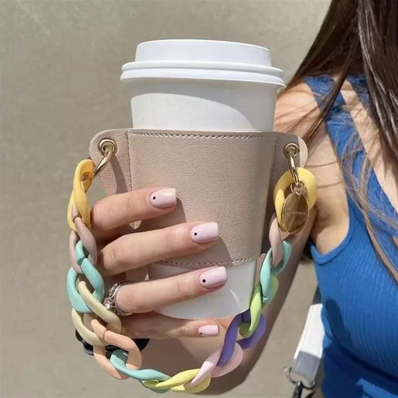 

Leather Cup Holder Portable Glass Bottle Leather Case Eco-friendly Coffee Cup Bag Detachable Chain Bottle Cover For Travel