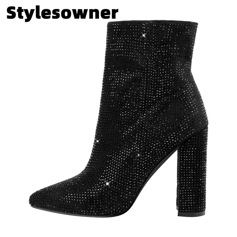 

Новинка, женские ботильоны на толстом каблуке, осенне-зимние модные блестящие ботинки со стразами на высоком каблуке