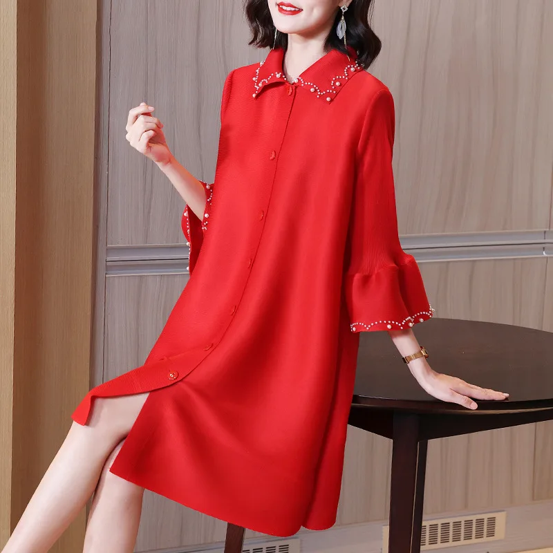 

Red Dress 2022 Women Spring And Summer Fashion Beading Turndown Collar Single Breasted Knee Length For Women 45-75kg