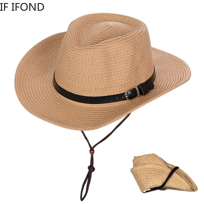 ฤดูร้อนใหม่หมวกปานามาหมวก Straw หมวก Sun หมวกพับ Western โค้งกว้าง Brim