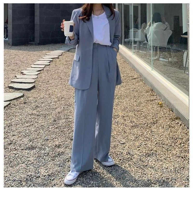 2022 Spring New Two-piece Set Suit Blue Double Breasted Blazer + Casual Straight Trousers Elegant Fashion Chic Women's Clothes