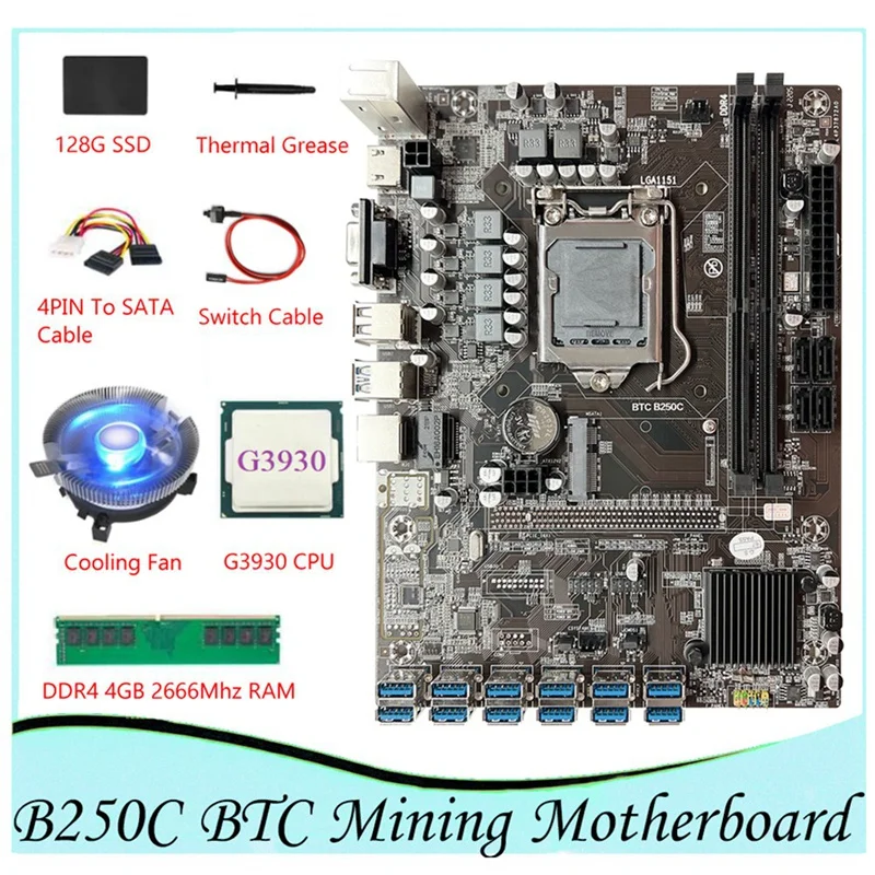 HOT-B250C BTC материнская плата 12 PCIE к USB3.0 LGA1151 DDR4 4 Гб 2666 МГц ОЗУ + процессор G3930 + 4-контактный кабель SATA + SSD 128G + охлаждающий вентилятор