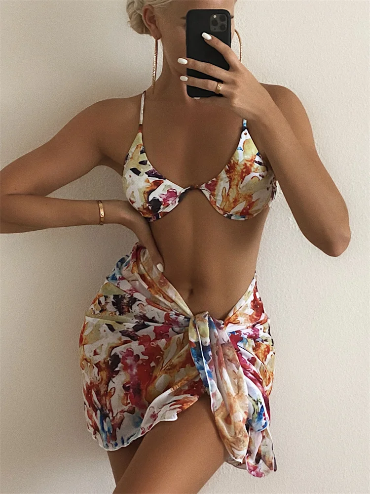

Bikini Sexy Women Swimsuit 2022 New Print Sling Swimwear 3 Piece Bikinis Set Beach Cover Up Female Biquini Summer Bathing Suits