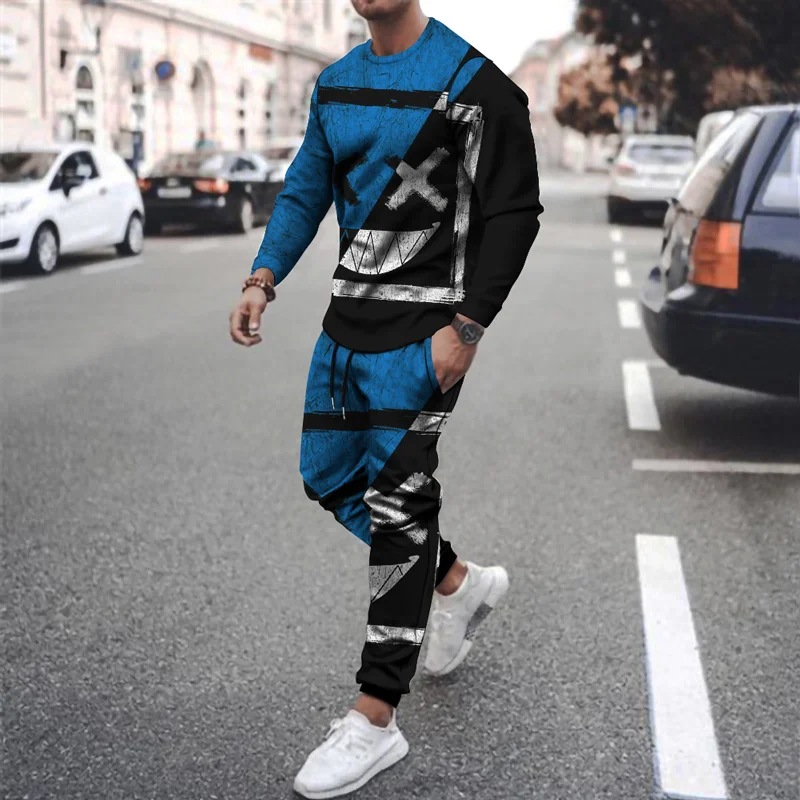Tracksuit Set Men's Clothing 2 Pcs Summer Sports Suit 3d Print Smiley Casual Men Sets Outfits Long Sleeves T-shirt+Pants Male