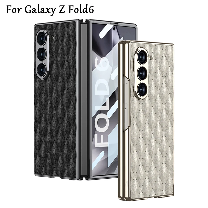 Фото Для Samsung Galaxy Z Fold 6, чехол из ромбовидной кожи с роскошным покрытием, стеклянный защитный чехол для камеры, чехол для Galaxy Z Fold6 5 №1