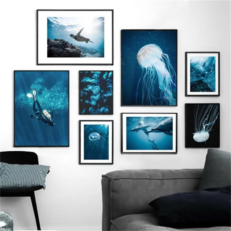 

Dolphin Jellyfish Turtle Ocean Dive Wall Art Canvas Painting Marine Posters and Prints Wall Pictures for Living Room Home Decor