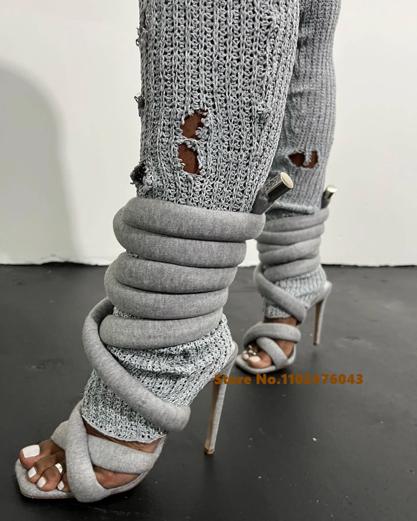 Grey Knit Lace Up Strappy Thin High Heel Sandals Women Summer Sexy Square Open Toe Cloth Rope Stilettos Sandals Female Shoes