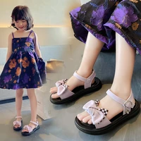 2022 summer new childrens bow open toe sandals korean version sweet princess beach shoes flat girls kids fashion checkerboard