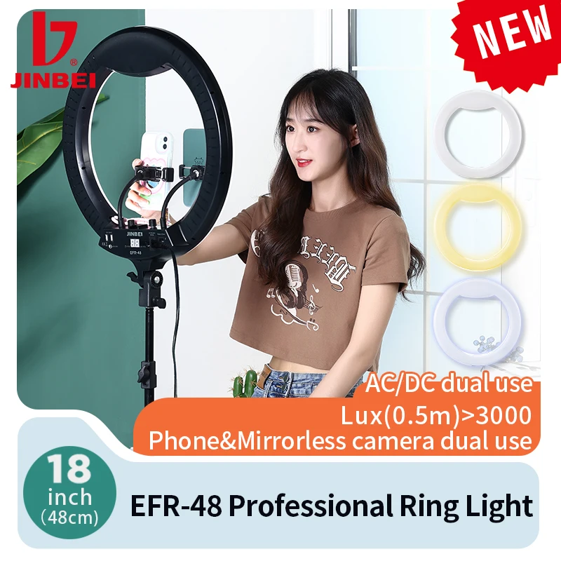

JINBEI EFR-48 Professional Ring Light 48w 18inch 48cm Led Selfie Lamp Photography Lighting AC/AC Dual Use for Tiktok Youtube