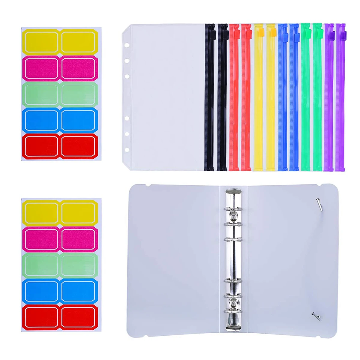 

15Pcs A6 PVC 6-hole Binder Cover with Binder Zipper Multicolor Pockets Waterproof Cash Budget Envelopes System Loose Leaf Bags