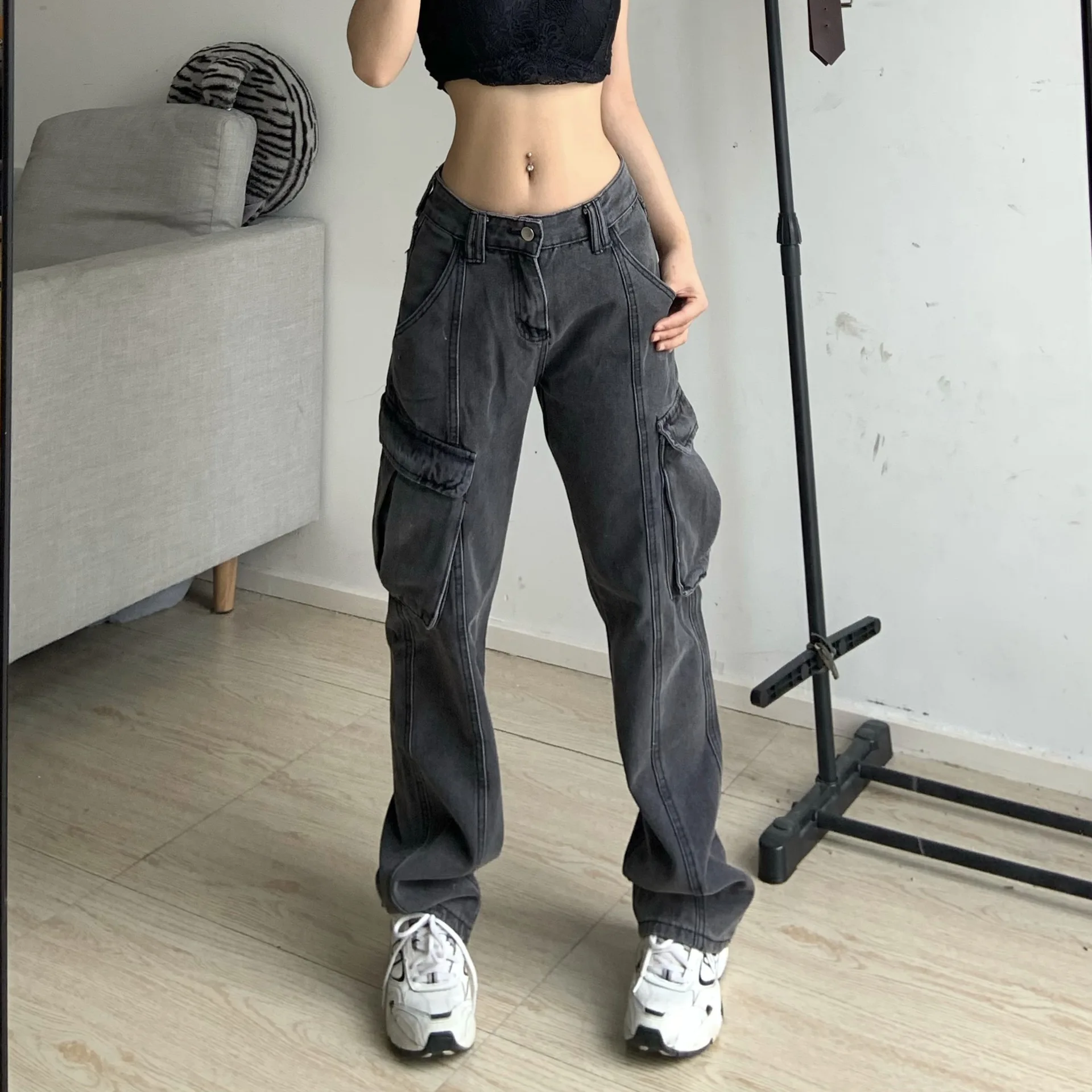 

Women Cargo Pants Straight Jeans Cargo Pants High Waist Vintage Pantalon Streetwear Femme Mujer Multiple Pockets 2022
