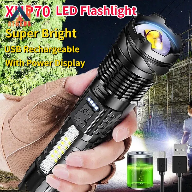 

Светодиодный фонарик высокой мощности, перезаряжаемый портативный водонепроницаемый фонарь с дисплеем мощности, масштабируемый, для кемп...