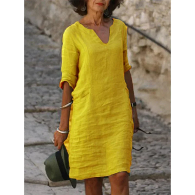 

Linen Dress 3 Quarter Vintage Casual V Neck Loose Waist Midi Beach Dress Women Clothing Green Blue Yellow Robe Polyester