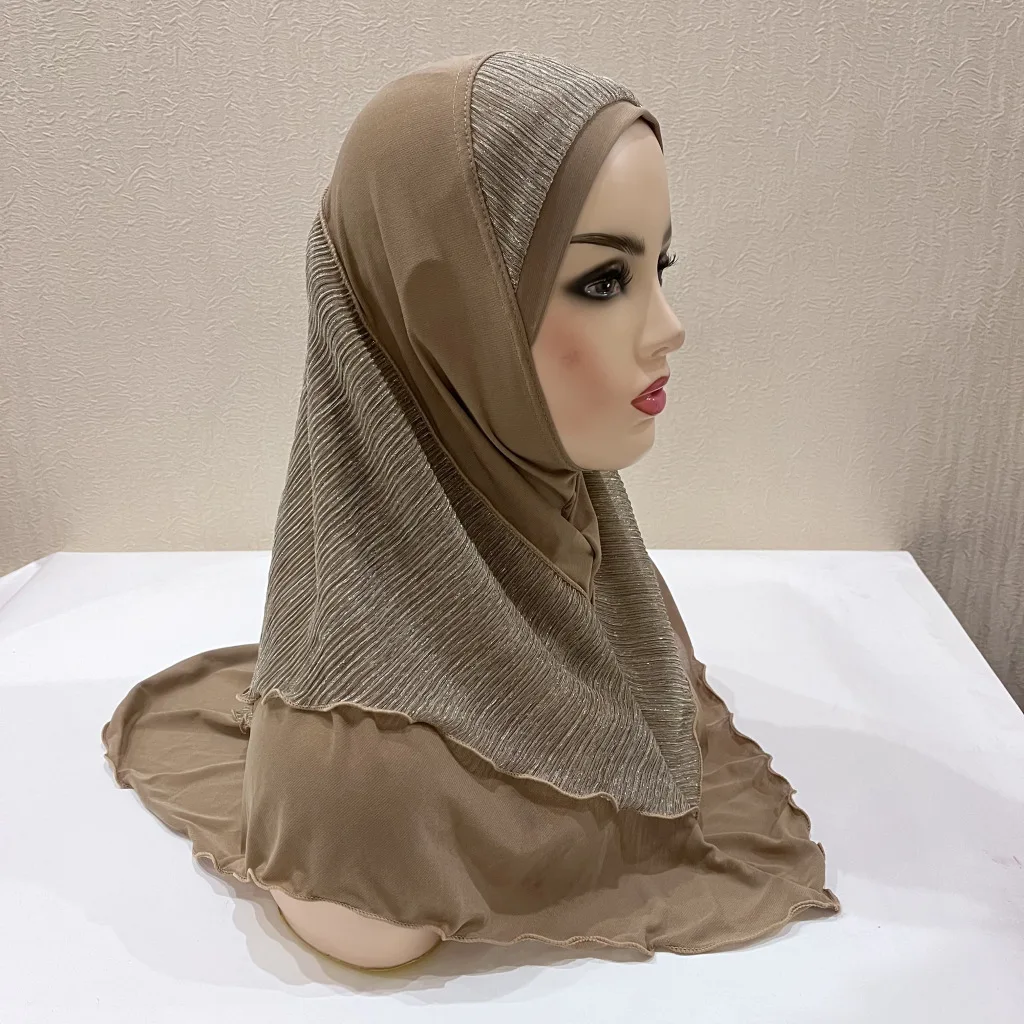

High Quality Mesh Layers Pull Up Islamic Patchwork Hijab Girls Scarf Hijab Shawl Hat Adult Medium Muslim Amira Hijab with Lurex