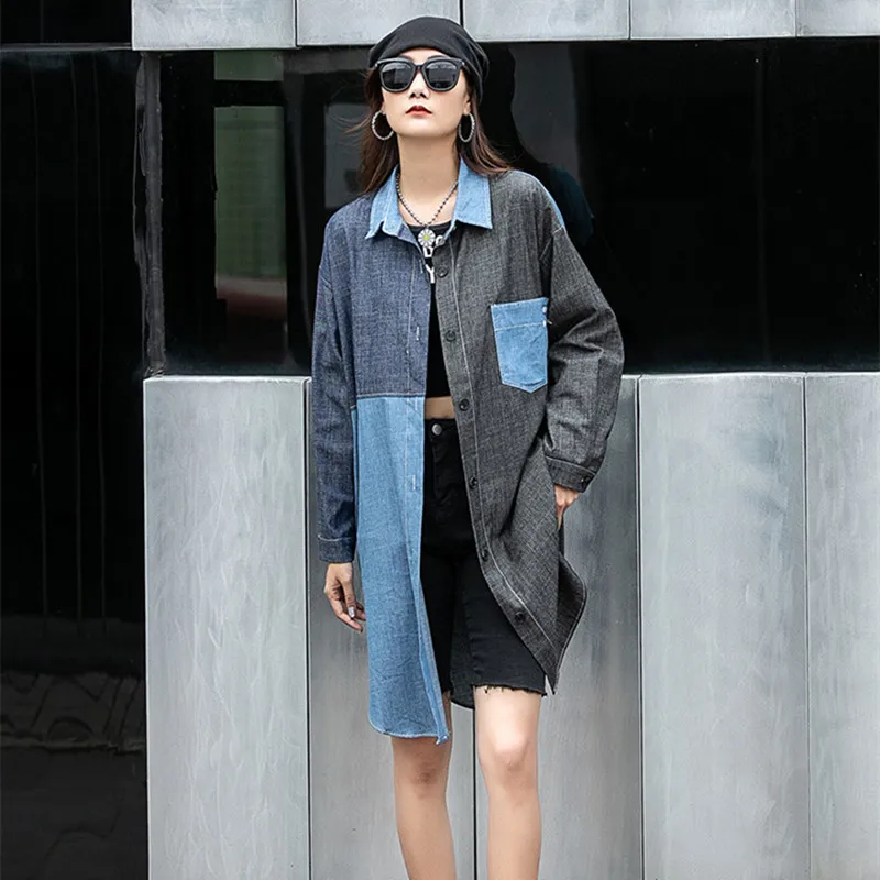 

BF Design Spliced Denim Shirt Turn Down Collar Thin Denim Coat Casual Loose Autumn Open Stitch