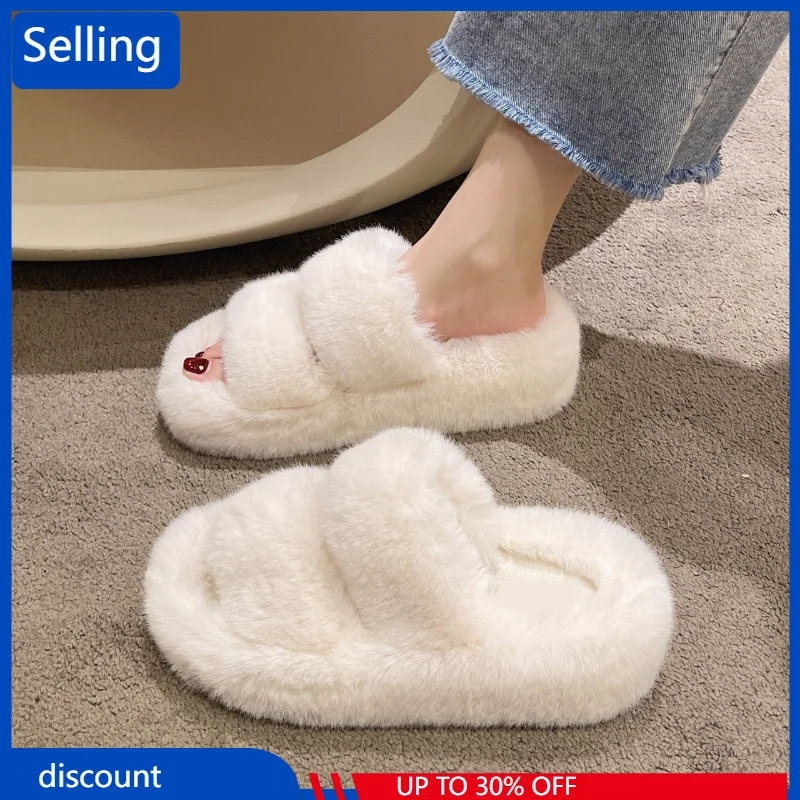 

2023 Pairs of Furry Women's Shoes for Autumn Winter New Outer Wear Flat-bottomed Slippers Warm and Comfortable Cotton Slippers
