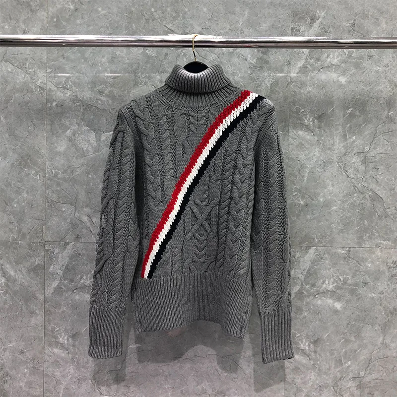 

THOM TB Sweater Autunm Winter Sweaters Male Fashin Brand Clothing Merino Wool Diagonal RWB Stripe Turtleneck Gary TB Sweaters