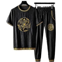 summer new dragon embroidery short sleeve casual sports suit mens korean fashion match two piece set
