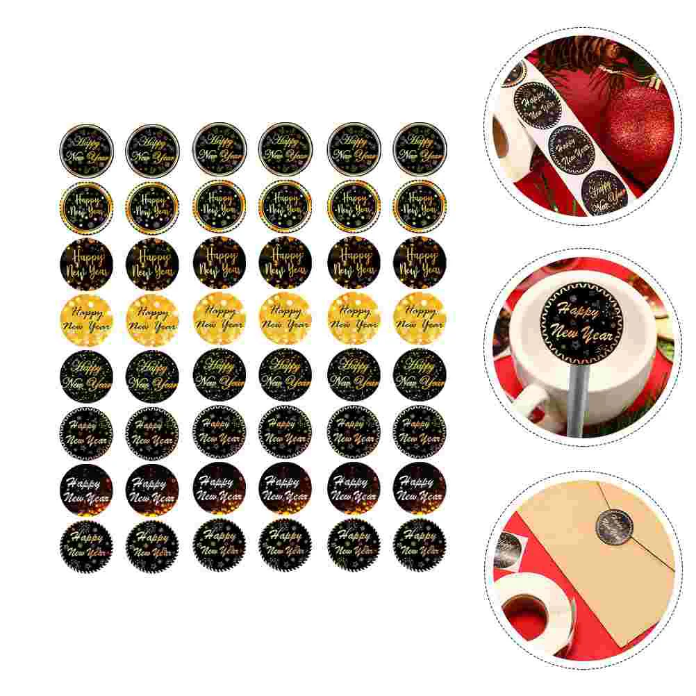

Stickers Year New Gift Tags Happy Sticker Enveloperound Treats Seal Boxes Holiday Floral Letter Label Goldblack Bottle Tag