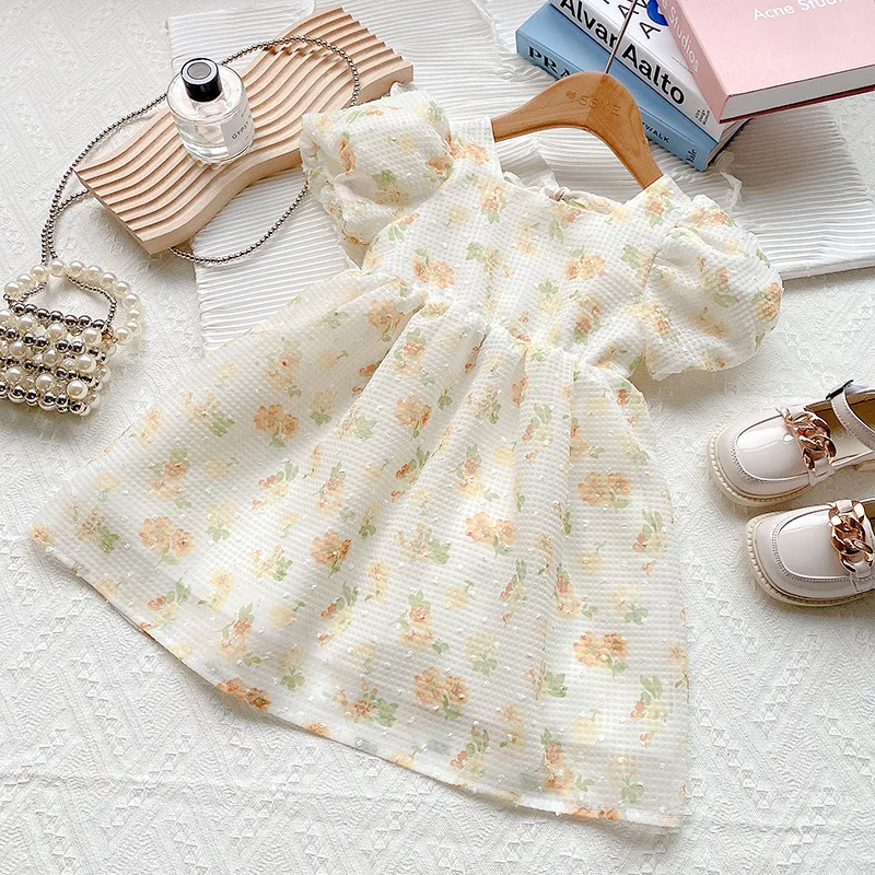 

Cute Girl Princess Dresses Girls Summer Puff Sleeve Bow Fashion Yellow Floral Mesh Dress 2-7 Year Baby Sweet Children's Clothing