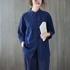 Women Cotton Linen Long Sleeve T Shirt Retro Top Stand Collar Buckle Chinese Style Loose T Shirt Women