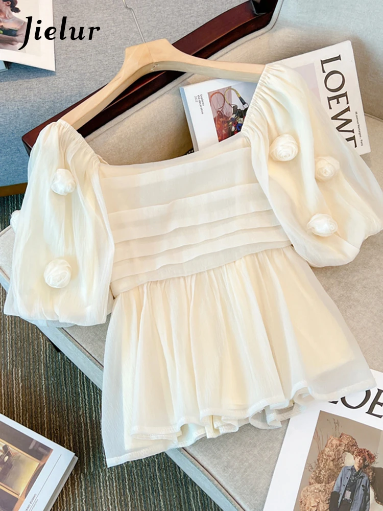 

Jielur Summer New French Slim Waist Ladies Women Blouse Fashion Sweet Chiffon Blouse Female Apricot Loose Square Neck Woman Top