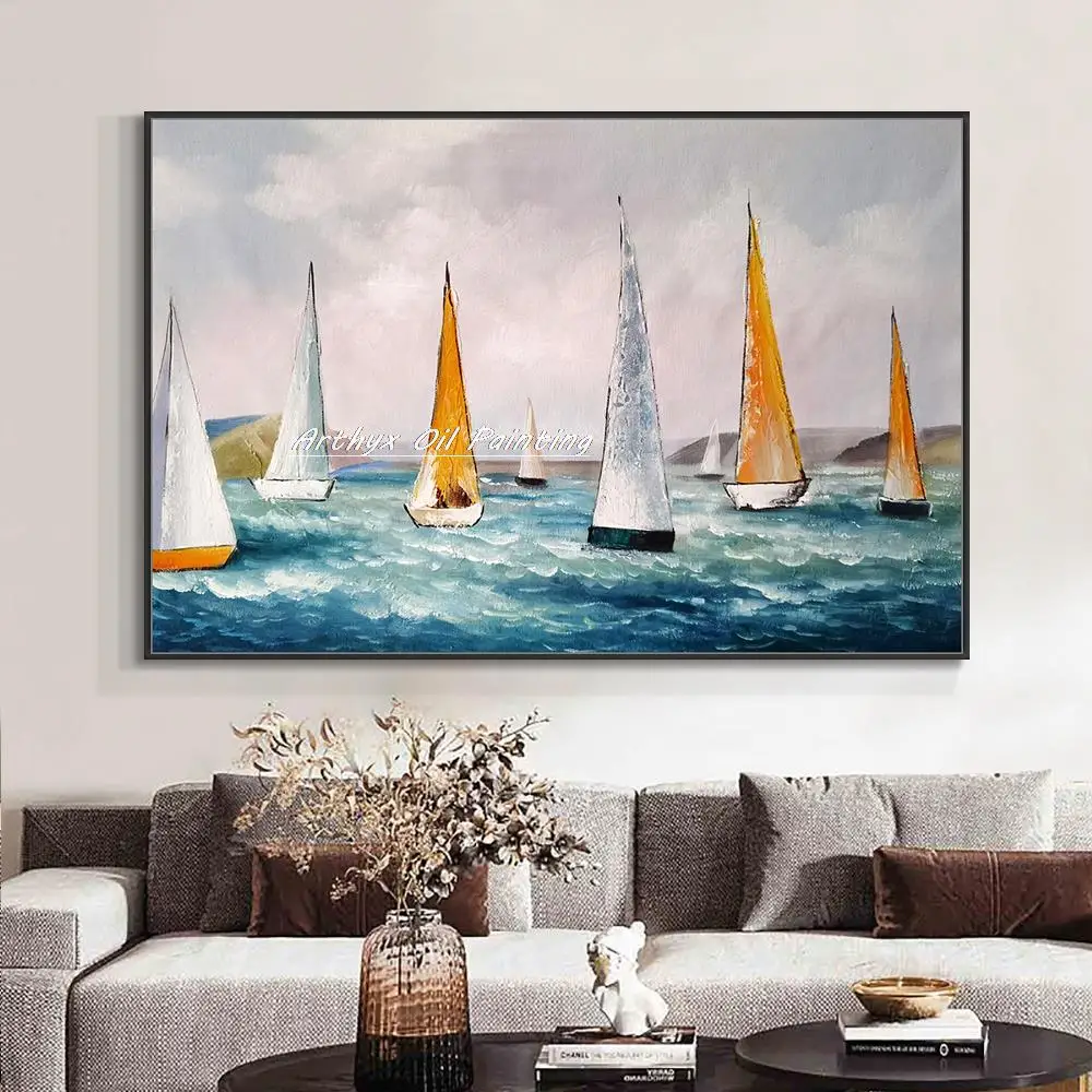 

Arthyx, ручная работа, абстрактные лодки, пейзаж, масляная Картина на холсте, Современная Настенная картина для гостиной, художественное украшение для дома
