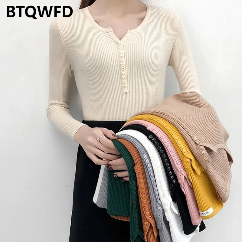 Knitted Long Sleeve Women V Neck Autumn Winter Fashion Sweater Female Clothing Button Tops Elastic Pullover 2022 New Solid Color