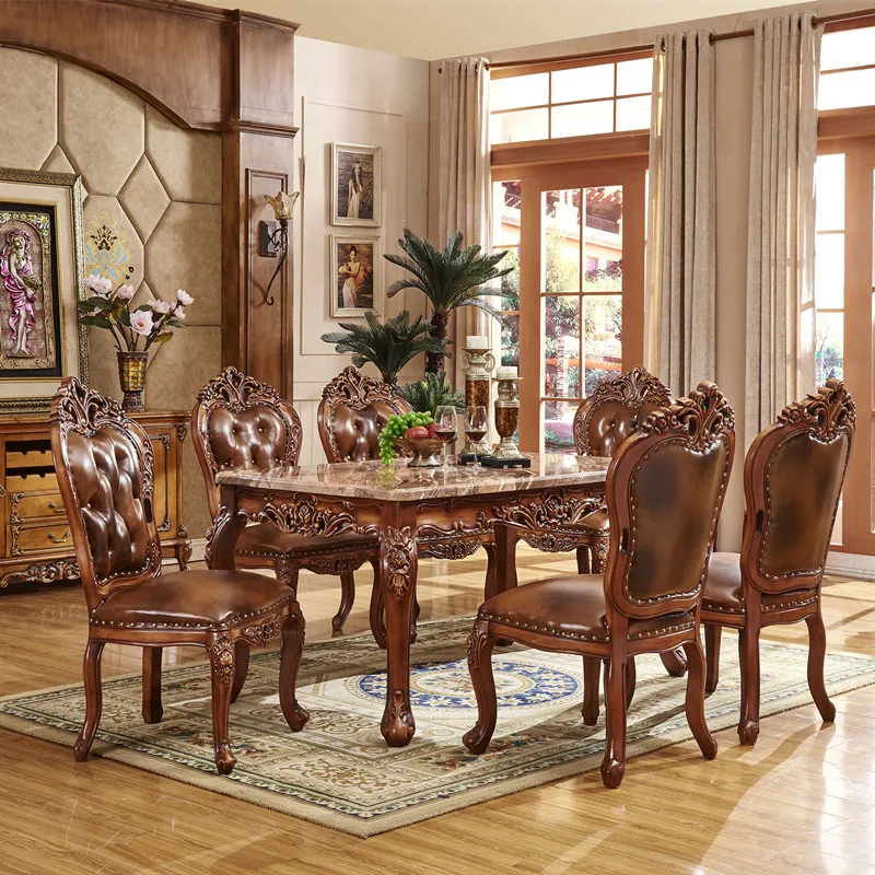 

Antique Color Marble Dining Table and Chair European-style Long Luxury Villa Solid Wood Carved
