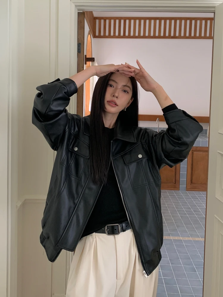 Halo Luu черное кожаное пальто верхняя одежда женская весна и осень 2024 новая