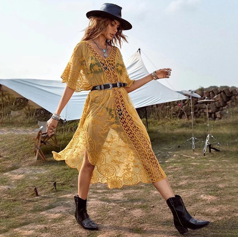 Женское вязаное крючком платье летнее пляжное бикини 2022 праздничные длинные